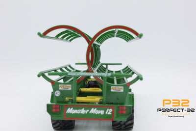 Model of a green telescopic handler with 'Monster Move 12' branding on a white background